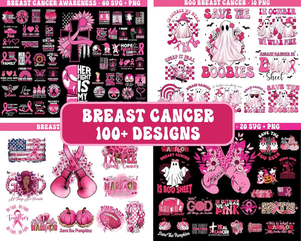 100+ Designs Breast Cancer PNG Bundle, Breast Cancer SVG, Cancer Awareness, Pink Ribbon, Pink Halloween, Fight Cancer Quote Sublimation