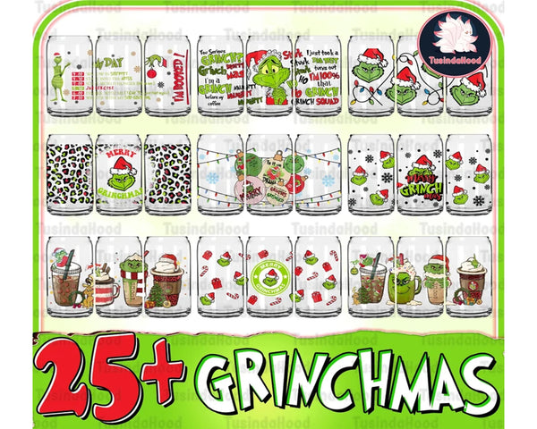 25+ Christmas Green Monster Libbey Glass Can Wrap Png Bundle, Christmas Movie 16oz Libbey Can Template Bundle, Instant Download