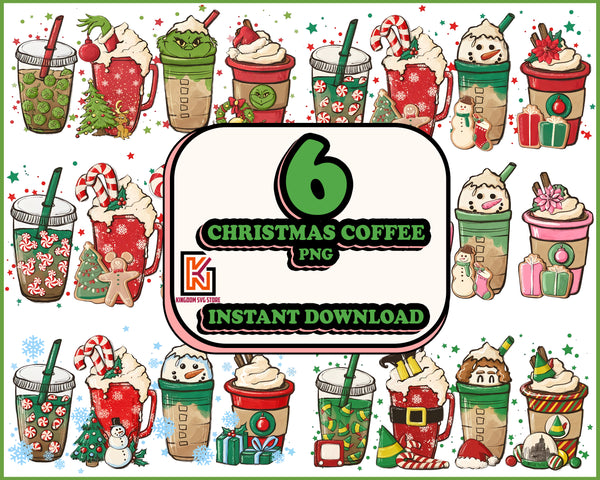 6 Christmas Coffee Latte PNG, Christmas Coffee Png, Christmas Bundle, Snowman Reindeer, Pink Christmas Coffee Png,Printable File Instant Download
