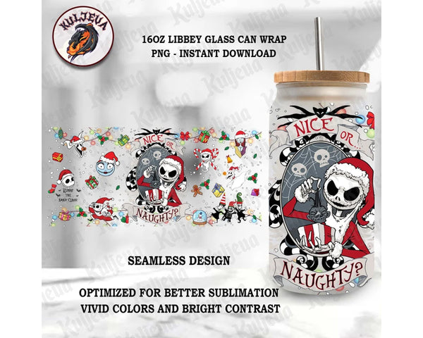 Christmas Nightmare Movie 16oz Glass Wrap Sublimation Design, Xmas Friends Jack Horror 16oz Libbey Glass Can Wrap Png, Instant Download