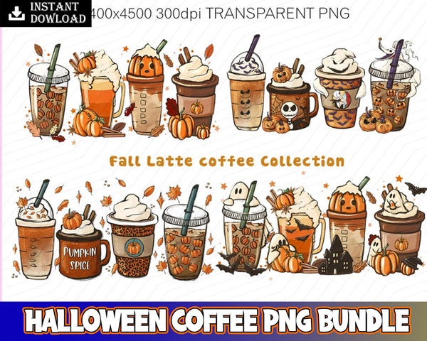 4+ Fall Coffee PNG, Halloween pumpkin spice latte iced warm autumn orange Digital file, Sublimation design Hand drawn Printable Graphic Png Instant Download