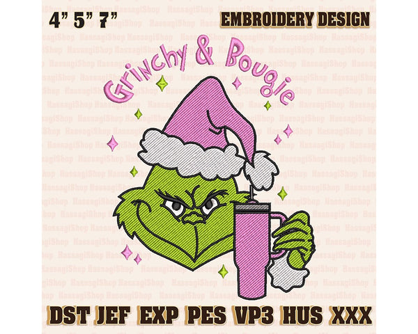 Greenchy And Bougi Embroidery Machine Design, Christmas Green Monster Embroidery Design, Retro Pink Christmas File, Instant Download
