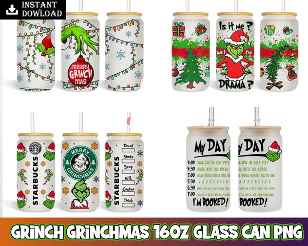 Bundle 4+ Design Grinchmas Tumbler, Fairy Light Grinchmas, 16oz Glass Can Png, Libbey Can Glass 16oz, Funny Christmas Tumbler, Grinchmas Png Instant Download