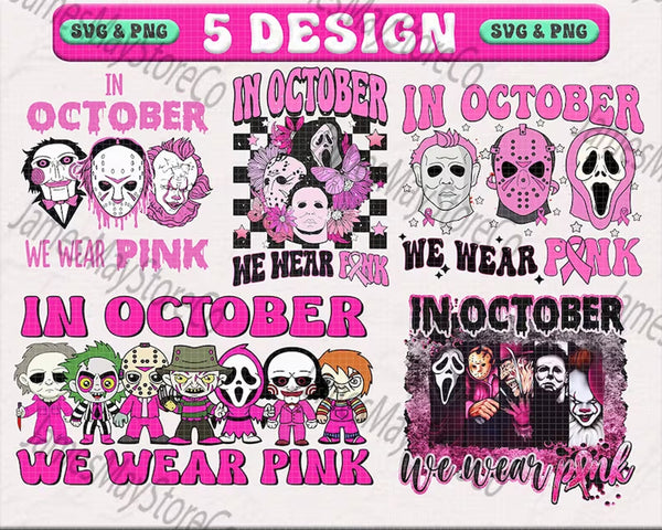 In October We Wear Pink Png, Breast Cancer Awareness Png, Slasher Movie, Scream Png, Horror Movie Png, Halloween Png, Pink Horror Png, Instant Download