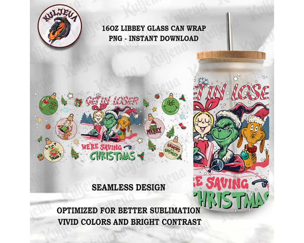 Merry Christmas Funny Glass Can Sublimation PNG, Jump In Loser Christmas 16oz Libbey Glass Can Wrap Design Png, Instant Download
