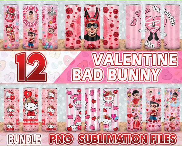 12 Bad Bunny Valentine Tumbler Bundle, Valentines day, 20oz Skinny Tumbler Sublimation Designs for Straight Tumbler Design - PNG Digital Download, Instant Download